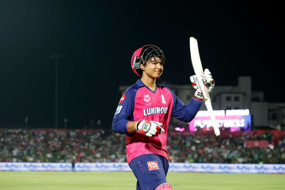 Vaibhav Suryavanshi acknowledges the crowd after a fantastic century Vaibhav Suryavanshi acknowledges the crowd after a fantastic century
